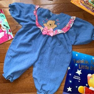 🐻 Vintage Floral and Denim Bear Bubble Romper, Paper Tag, 3-6 Months